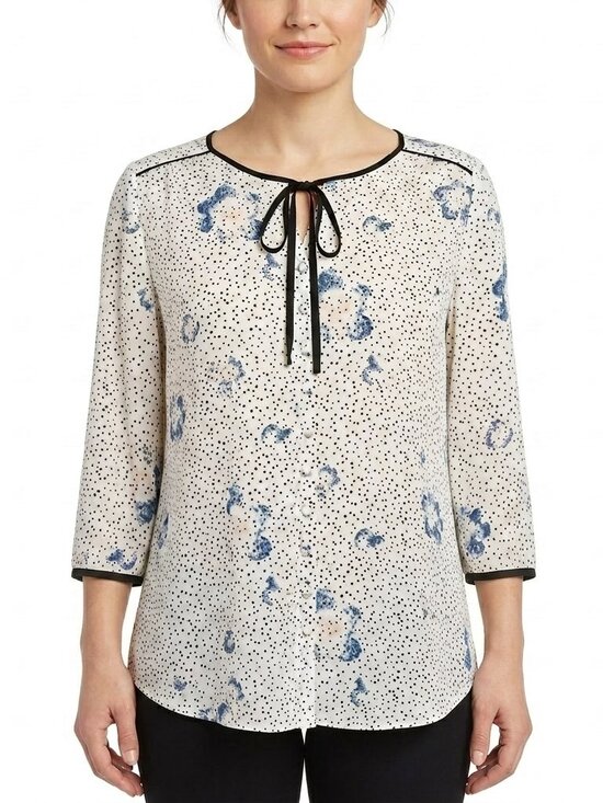 RW&CO. Tops - RW&CO Semi Sheer Dot & Floral Round Neck Blouse- Sz. Sm